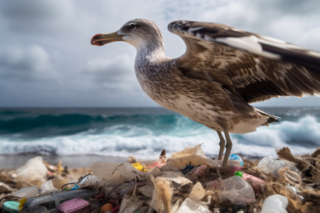Seagull on the seashore with garbage and trash.の素材