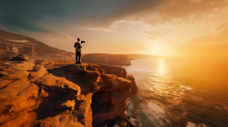 Photographer standing on cliff edge and looking into the distance at sunsetの素材