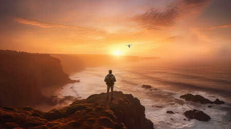 Man with a backpack standing on the edge of a cliff and looking at the sunsetの素材