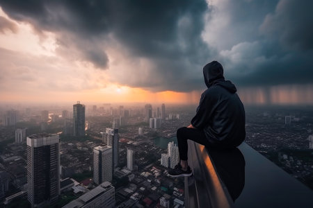 Man sitting on the roof of a skyscraper and looking at the cityの素材