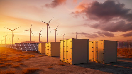 Concept of renewable energy with containers and solar panels. 3d renderingの素材