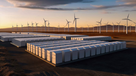 Solar panels and wind turbines in the desert at sunset. 3d renderingの素材