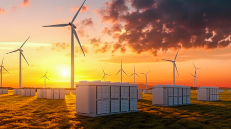 3d render of wind turbines on the green field at sunset.の素材