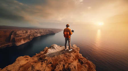 Man with backpack standing on the edge of cliff and looking at sunsetの素材
