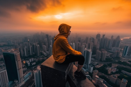 A man in a yellow hooded sweatshirt sits on the edge of a skyscraper and looks at the sunsetの素材