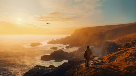 Man standing on cliff and looking at sunset. Travel and adventure conceptの素材