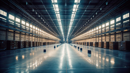 Large warehouse interior with rows of empty shelves. Toned image.の素材