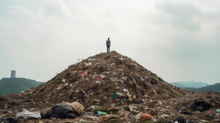A man stands on top of a hill full of garbage.の素材