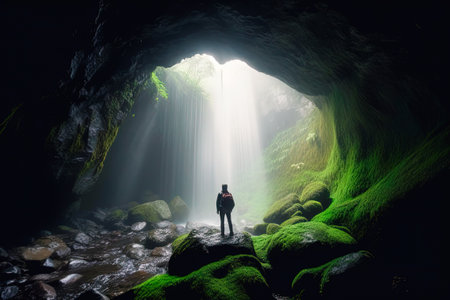 Man standing in the middle of a cave and looking at the lightの素材