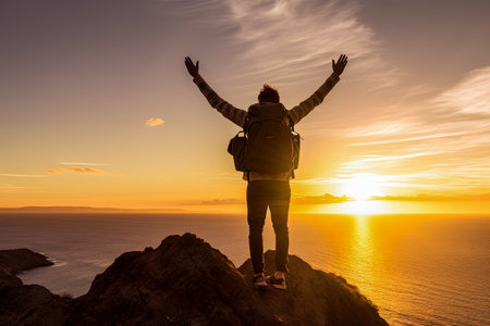 Hiker standing on the top of a mountain and looking at sunsetの素材