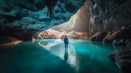 Woman in the deep blue cave with crystal clear water. Long exposureの素材