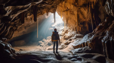 Man standing in the cave and looking at the light coming out of the tunnelの素材
