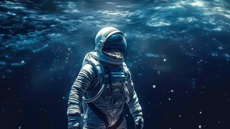 Astronaut in space suit and helmet floating in deep blue ocean.の素材