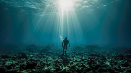 Underwater photo of a diver with a scuba mask and finsの素材