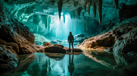 Handsome man standing in a cave with crystal clear water.の素材
