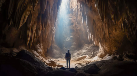 Man in a cave looking at the light coming out of the tunnelの素材