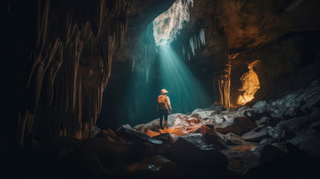 Young man in a dark cave with light coming through the hole.の素材