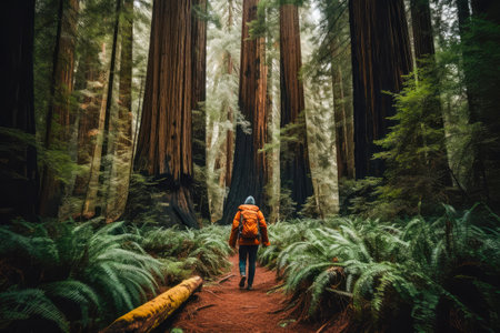 Tourist in Redwood Forest, California, USA. Redwood National Park is a national park in California, United States.の素材