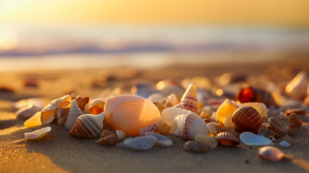 Seashells on the beach at sunset. Selective focus.の素材
