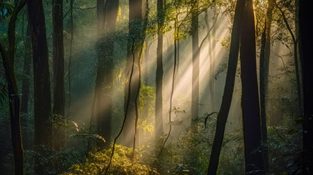 Morning light in the forest with sunrays shining through the trees.の素材