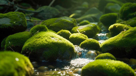 Mossy stones in a stream of water with blurred background.の素材