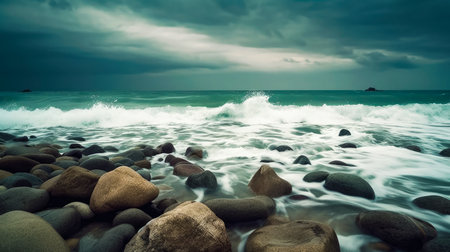 Beautiful seascape with stones and stormy sky. Vintage style.の素材
