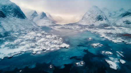 Fantasy alien planet. Mountain and lake. 3D illustration.の素材