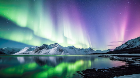 Aurora borealis in the night sky over the fjordの素材
