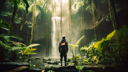 Man with backpack looking at waterfall in jungle. Travel and adventure conceptの素材