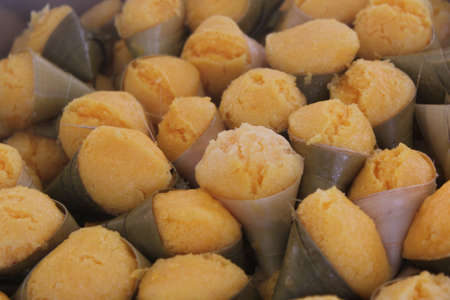Dessert thai Toddy palm cake in leaf cupの写真素材