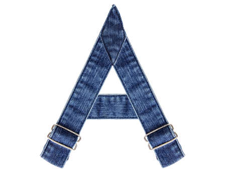 Jeans belt in from of English US alphabet isolated on white, letter Aの写真素材