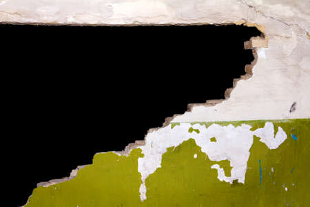 Broken dark green painted aged brick wall with hole background