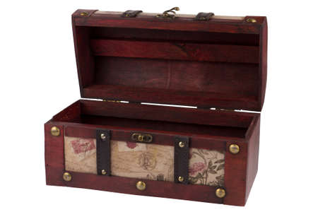 Vintage opened wooden treasure chest isolated on white backgroundの写真素材