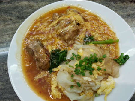 Fat noodles with pork rib with thin gravy ready to serve on white plate.の素材
