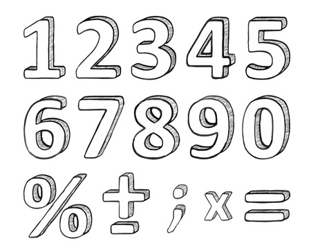 Hand Drawn Numbers and Basic Math Signs, Vector Illustrationのイラスト素材
