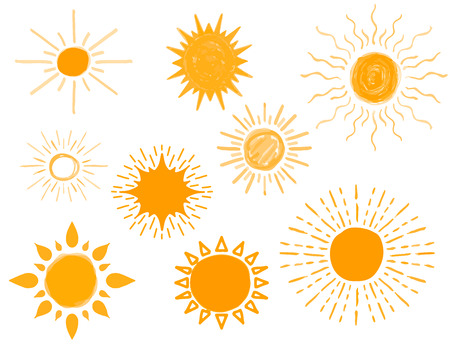 Set of Different Hand Drawn Sun Sketch, Vector Illustrationのイラスト素材