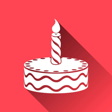 Birthday Cake with Candle Icon, Long Shadows, Vector Illustration