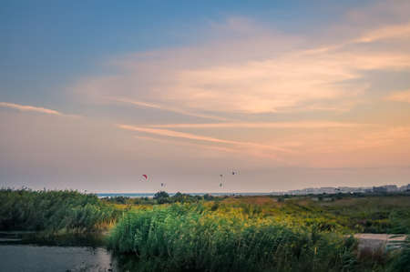 Green path by the seaside to take sunbathing, sports and walk in Roquetas. Kite surfing in the sea