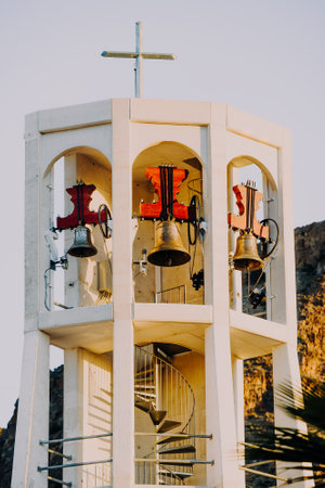 Aguadulce, Almeria, Spain; February 15th 2021: detail of the bells of the new bell tower of Our Lady...