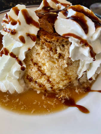 delicious homemade custard dessert with cream and caramel syrup. Fullframe. Close-の写真素材