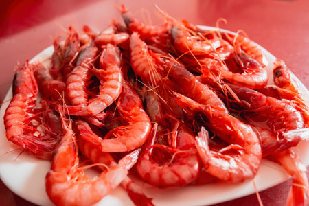 plate of delicious raw shrimp. culinary photography.の写真素材