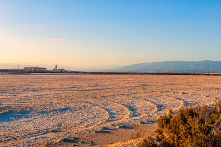 salt layer in the Cabo de Gata salt flats at sunset. Wetland. Natural park. Holidays.の写真素材