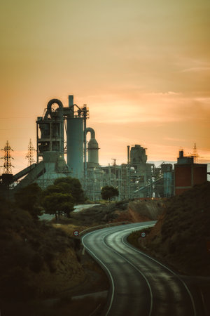 road to the cement factory at sunsetの写真素材