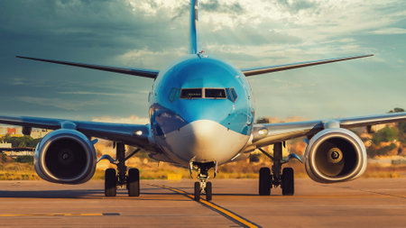 front view of blue and silver commercial airliner taxiing on runway on a stormy light dayの写真素材