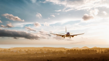 plane in flight descending to the airport runway at sunrise with clear skies and clouds.の写真素材