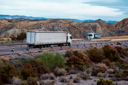 a white cargo truck with a white empty trailer on a motorway through the desert is going to meet a dump truck transporting aggregates and mineral stones with a blue tarpaulin. In the foreground there is vegetation. Transport and logistics.の写真素材