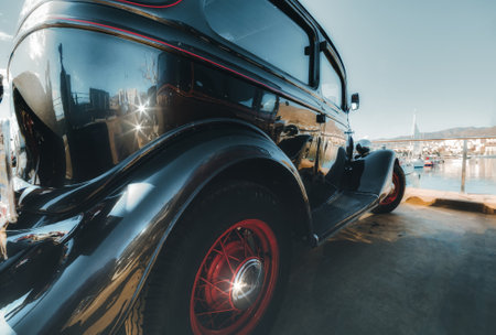 American classic car 20's parked at the marina.の写真素材