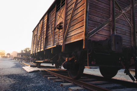 American western train wagon in a gold rush mining town during a haze dayの写真素材