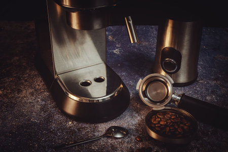 brewing coffee in an automatic coffee maker and stainless steel coffee grinderの写真素材