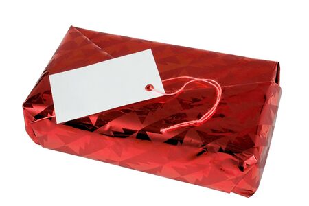 Shiny Red Siver Gift Box with Blank Card. Isolated, Path Included in JPG.